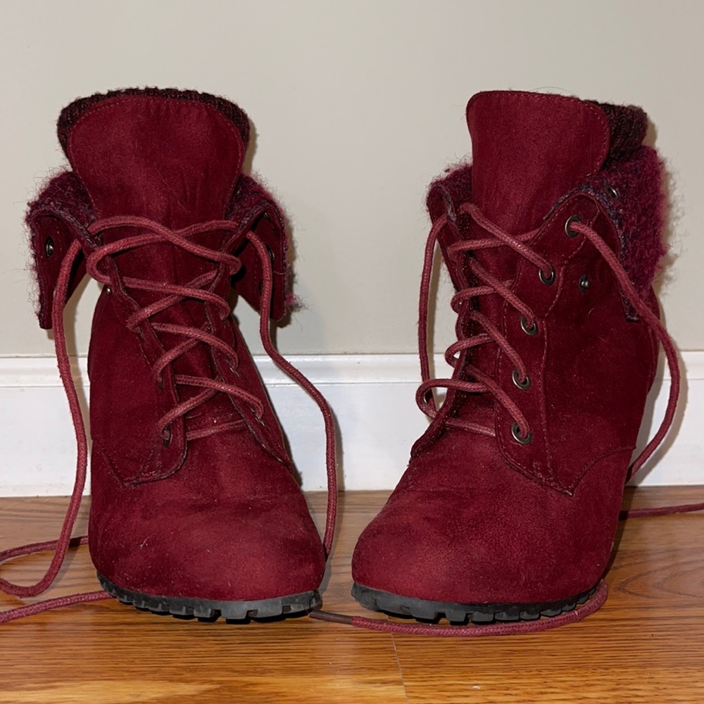 Size 8.5 red/dark maroon lace up boot with 4 inch heel